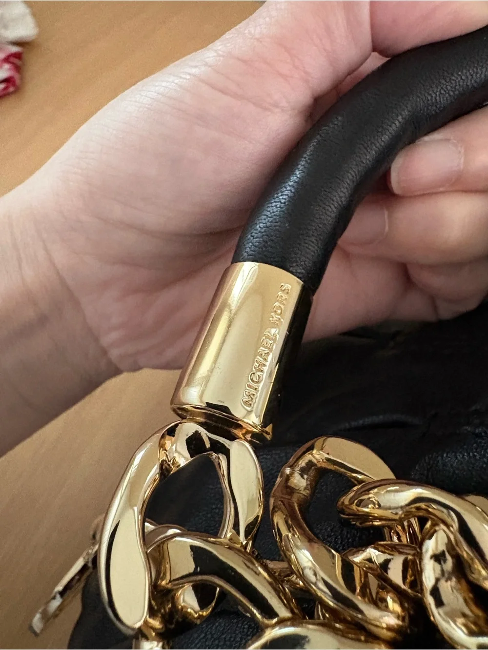 Michael Kors Erin Black Leather Shoulder Bag with Gold Chain and Charm
